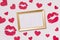 Valentines day,empty frame,seamless white background,kisses,hearts,message,free copy text space