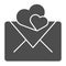 Valentines day envelope solid icon. Cover love letter message with hearts. Birthday party vector design concept, glyph