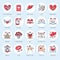 Valentines day flat line icons. Love, romance symbols - heart, engagement ring, wedding cake, Cupid, romantic date