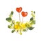 Valentines Day floral composition. Hearts on sticks and yellow f