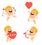 Valentines Day greeting card with cheerful cupid. Set