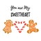 Valentines day greeting card with cute couple of gingerbread man and woman and text: you are my sweetheart
