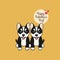 Valentines day greeting card. Cute sitting Siberian Husky  dogs with tongue outside.