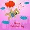 Valentines day greeting card design small toy bear flying on balloons in the form of a heart on the background of the city