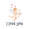 Valentines Day greeting card with funny cupid with bow and arroew. I love you inscription and Angel or Amour on white