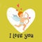 Valentines Day greeting card with funny cupid with bow and arrow. I love you inscription and Angel or Amour on bright