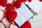 Valentines day greeting card. Handmaded hearts on wooden table. Love background