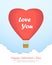 Valentines day greeting card. Heart shaped air balloon. Romantic journey above the clouds. Vector illustration