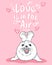 Valentines day greeting card with kawaii fur seal, love is in the air slogan, baby nerpa with hearts on pink background, editable