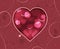 Valentines Day greeting card with red blurry hearts and floral pattern.