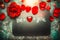 Valentines day greeting card with red roses , bokeh, heart and text you and me, top view composing. Love and dating