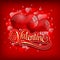Valentines day greeting with heart baloons and golden lettering on red shiny background- vector illustration.