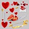 Valentines day greeting vector set. Cupid golden bow, heart, heart box, envelope, arrow, wind. Isolated.