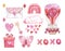 Valentines day hand drawn illustrations set. Watercolor pink heart  hot air balloon  arrow  butterfly  love letter  isolated