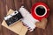 Valentines day heart, camera, coffee cup and letters