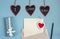 Valentines day hearts envelope and wrapped gift