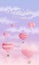 Valentines day horizontal vector background with air ballons in the sky with stars and clouds in pink and violet colours and grain