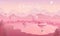 Valentines day horizontal vector background of landscape with air ballons in the sky, medow, mountins and forest in pink colours a