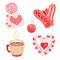 Valentines day illustration with warm knitted accessories: hat with pom pom, mittens and snood scarf. Red hot cocoa or coffee cup.