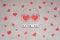 Valentines Day mockup, greeting card with many red hearts, two big heart in doodle eyeglasses and text BE MINE on linen fabric