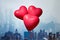 Valentines day in the New York city. Three red balloons in form of heart flying over Manhattan and skyscrapers. Ð¡oncept.