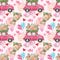 Valentines day painted seamless pattern. Watercolor car, pink rose, balloons, floral bouquet, hearts on pink background. Love