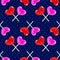 Valentines day pattern with heart shape sweet lollipop sticks on blue  dot background