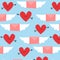 Valentines day pattern. Winged pink letters with arrow and red hearts. Vector design illustration