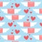 Valentines day pattern. Winged pink letters with red hearts. Vector design illustration