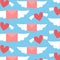 Valentines day pattern. Winged pink letters with winged red hearts. Vector design illustration