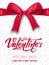 Valentines Day. Poster for Valentine`s sale, promo etc. Realistic silk bow with ribbon and script lettering