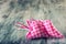 Valentines day. Red cloth handmade hearts on wooden background