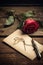 Valentines day, Romance, red rose, old letters and antique pen. sentimental vintage love background