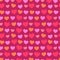 Valentines day romatic decorative seamless pattern with red, pink and orange hearts on dark red background, eps10 vector