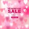 Valentines day sale banner. Blurred love background with pink hearts. Vector romantic holidays poster with defocused light.