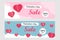 Valentines Day Sale Banner Template in horizontal format - Vector illustration in paper cut style, pink and turquoise background