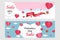 Valentines Day Sale Banner Template in horizontal format - Vector illustration in paper cut style, pink and turquoise background