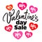 Valentines Day sale poster. Handwritten lettering. Set of discount tags 10,20,30,40,50,60,70 percent off in the shape of