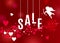 Valentines day sale poster with hearts and white cupid silhouette on red backdrop