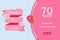 Valentines day sale web banner design template. Pink flat ribbon on blue floral background. Polka dot pattern with 70 percent off