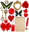 Valentines Day scrapbooking. Red hearts, photo frame, paper