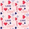 Valentines day seamless pattern with hearts, word Love. Pixel art. 90s style