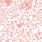 Valentines day seamless pattern. Love, romance flat line icons - hearts, chocolate, kiss, Cupid, doves, valentine card