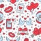 Valentines day seamless pattern. Love, romance flat line icons - hearts, engagement ring, kiss, balloons, doves