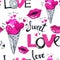 Valentines Day seamless pattern. Watercolor ice crean with hearts, love words and lips.