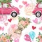 Valentines day seamless pattern. Watercolor pink car, roses and peonies flower bouquet, green foliage, air balloons, red hearts on