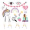 valentines day set hand drawn. vector. collection icon, sticker. unicorn, stars, champagne glasses, balloon, heart, eye