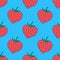 Valentines Day strawberry hearts seamless pattern on a bright blue background. Cute colorful strawberries pattern.