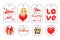 Valentines Day tags and Labels Set of Romantic Love Holiday Gifts and Warm Wishes With Happy Girl, Hearts, Red Ribbons