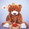 Valentines Day Teddy bear holding heart with text love and gift box. Retro romantic style. Creative greeting card
